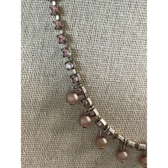 Vintage Pink Rhinestone & Faux Pearl Necklace With Silver Chain Lobster Clasp - Picture 3 of 5